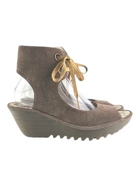 Fly London Women's Yaffa Suede Peep Toe Lace Up Wedge Sandal Taupe 40
